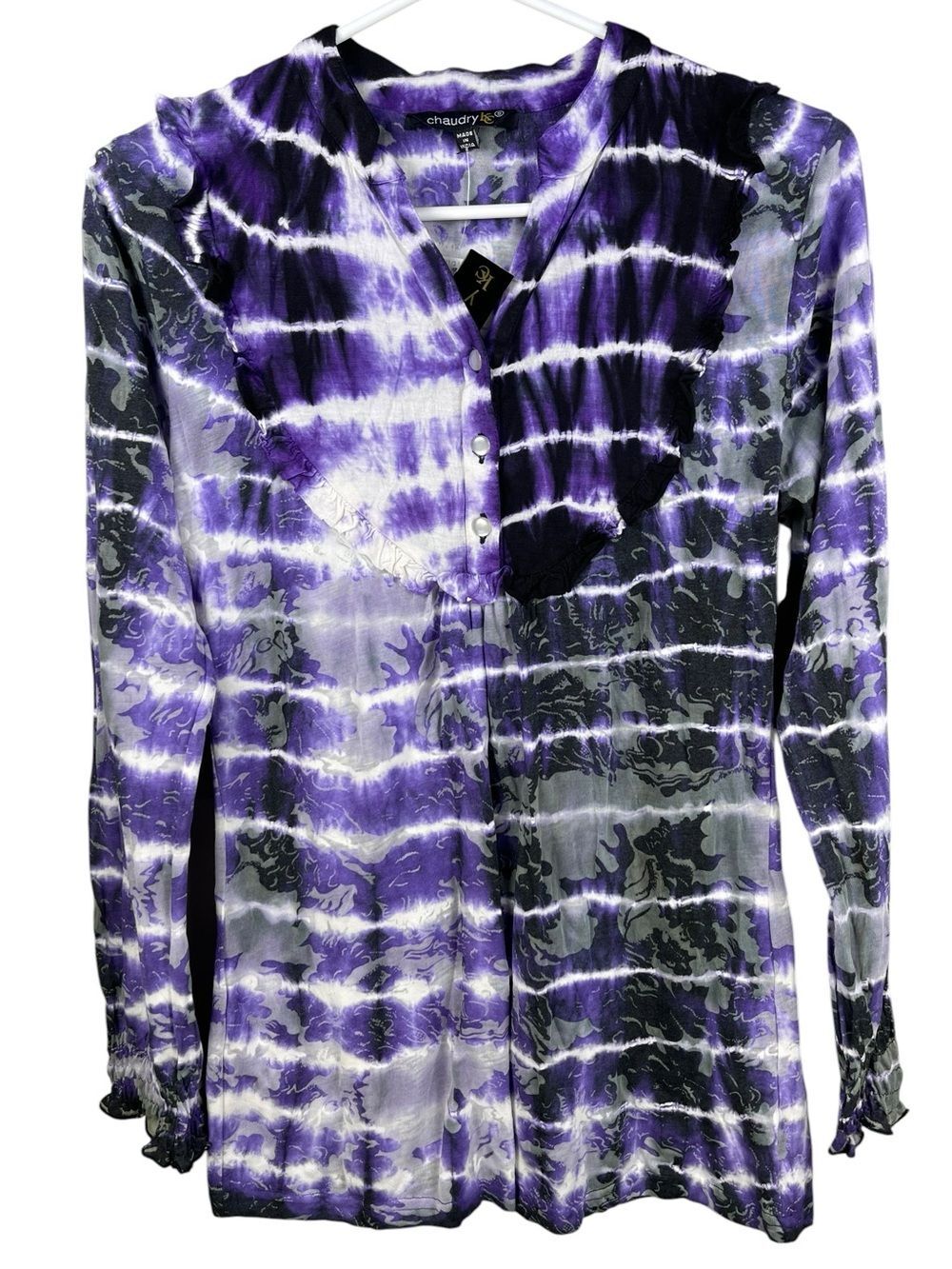 Chaudry Boho Long Sleeve Viscose Purple/Grey/White Tie Dye Pattern Blouse Small